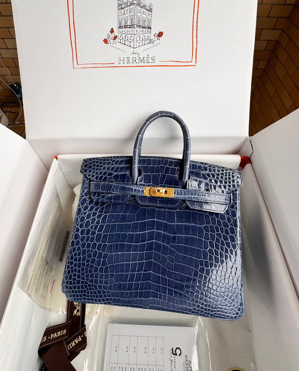 Hermes 7k Blue Saphir Birkin 30 in Porosus  Crocodile with Gold hardware