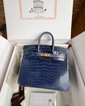 Hermes 7k Blue Saphir Birkin 30 in Porosus  Crocodile with Gold hardware