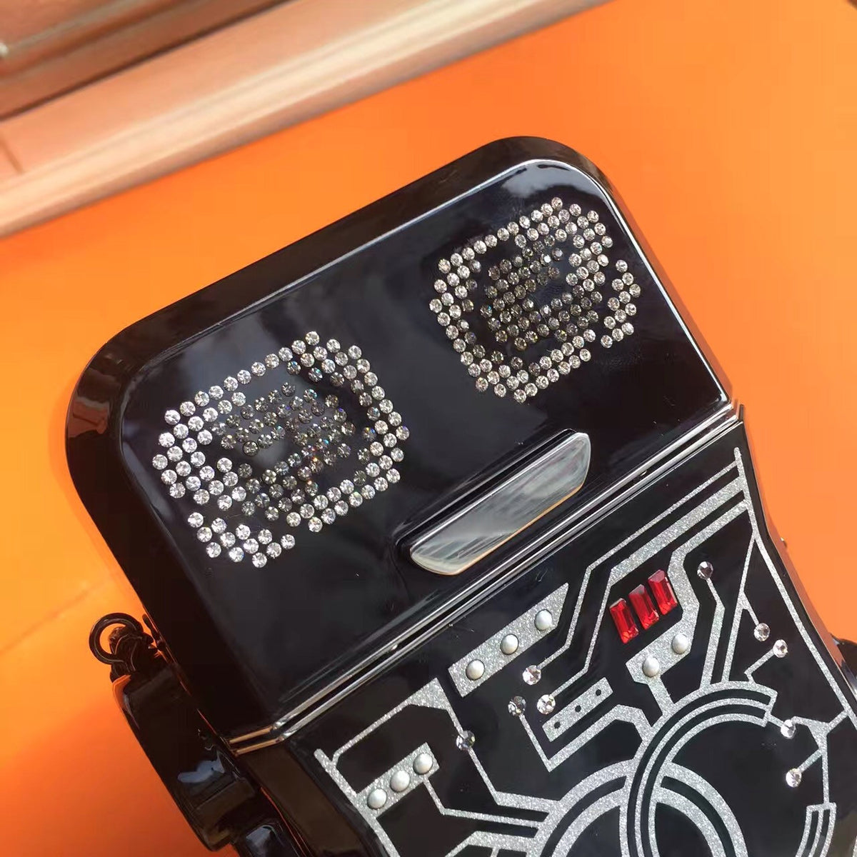 Chanel 2017 DATA CENTER RUNWAY BLACK LUCITE ROBOT EVENING BAG WITH SILVER HARDWARE
