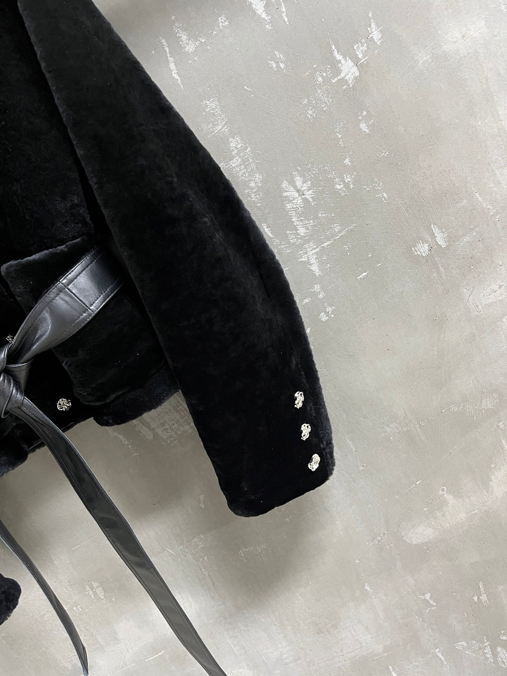 Chanel Black Shearling Jacket with Burgundy Leather High Collar &amp; Belt