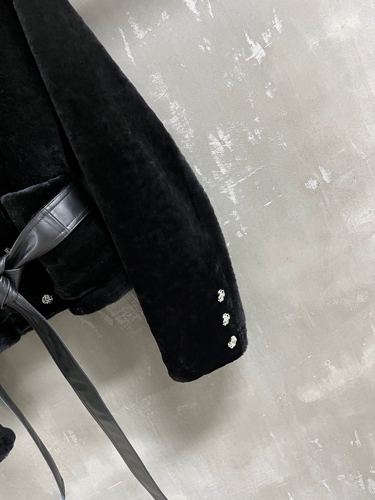 Chanel Black Shearling Jacket with Burgundy Leather High Collar &amp; Belt