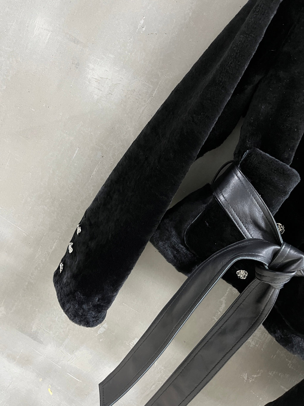 Chanel Black Shearling Jacket with Burgundy Leather High Collar &amp; Belt