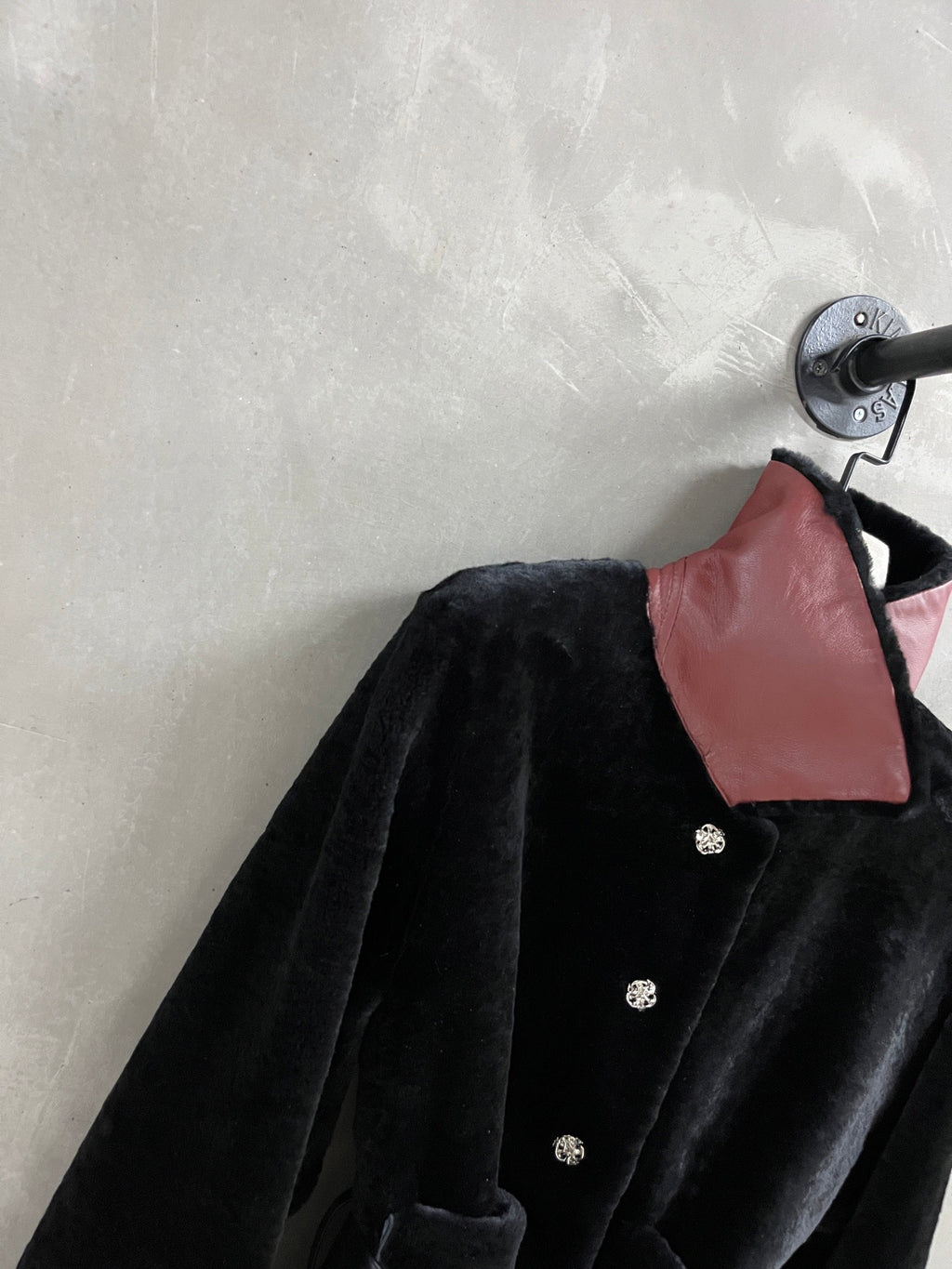 Chanel Black Shearling Jacket with Burgundy Leather High Collar &amp; Belt