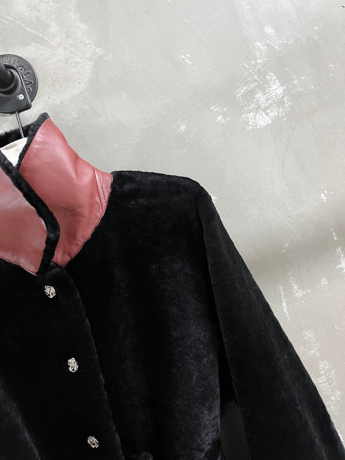 Chanel Black Shearling Jacket with Burgundy Leather High Collar &amp; Belt
