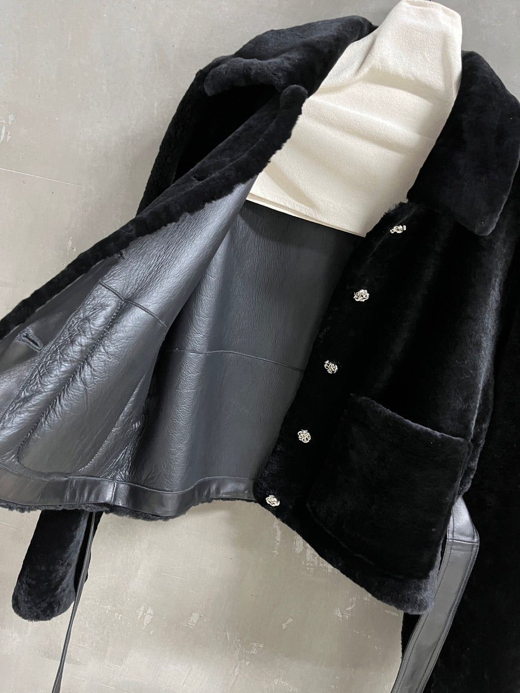 Chanel Black Shearling Jacket with Burgundy Leather High Collar &amp; Belt