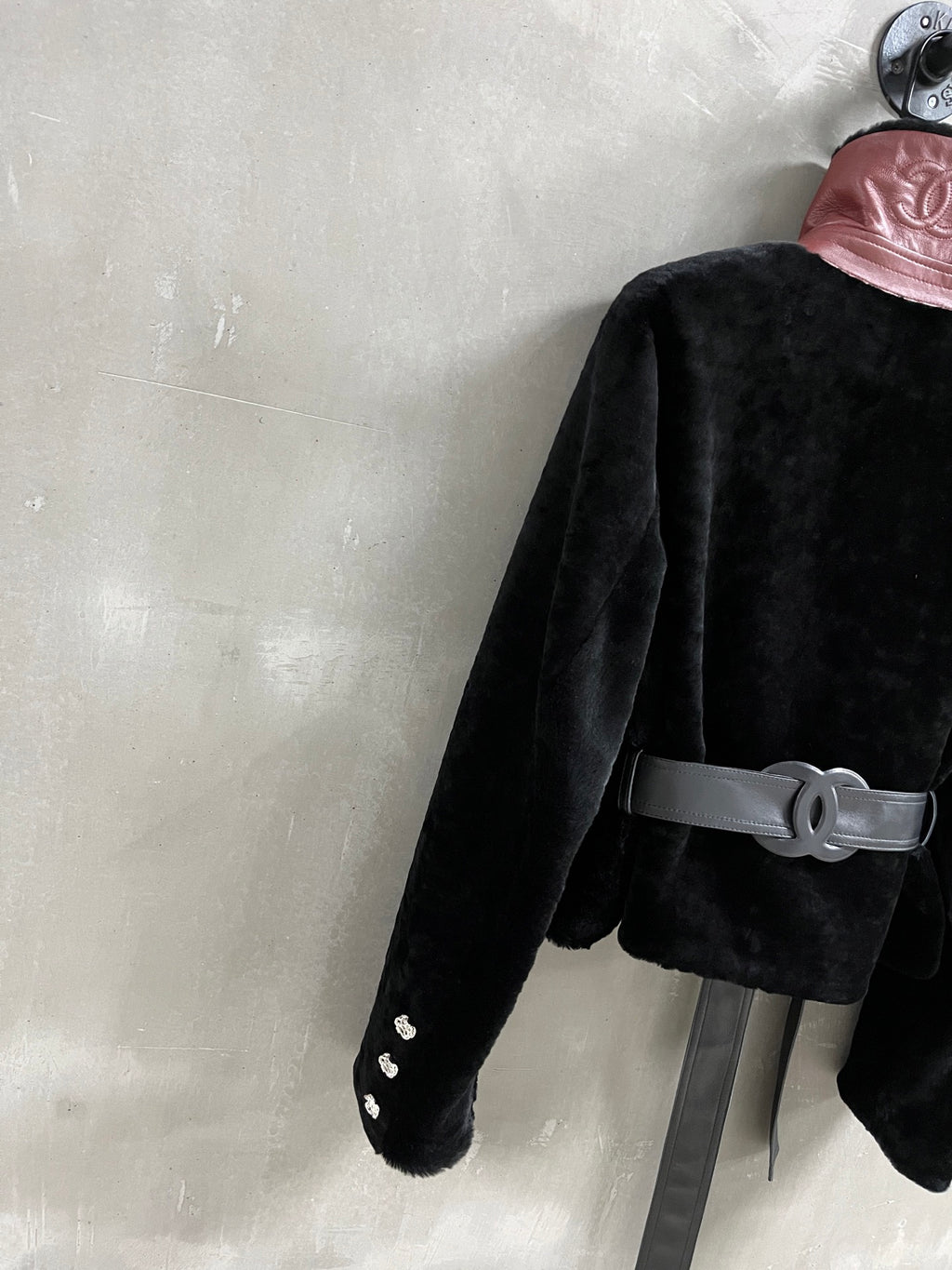 Chanel Black Shearling Jacket with Burgundy Leather High Collar &amp; Belt