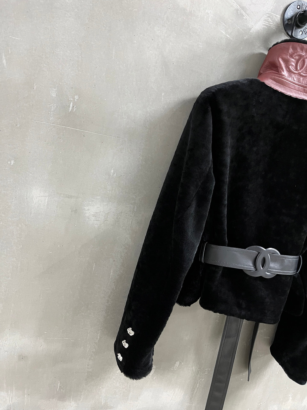 Chanel Black Shearling Jacket with Burgundy Leather High Collar &amp; Belt