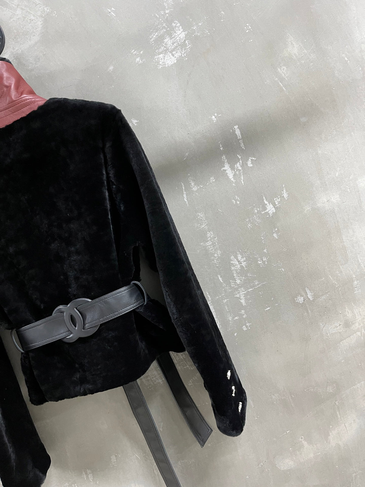 Chanel Black Shearling Jacket with Burgundy Leather High Collar &amp; Belt