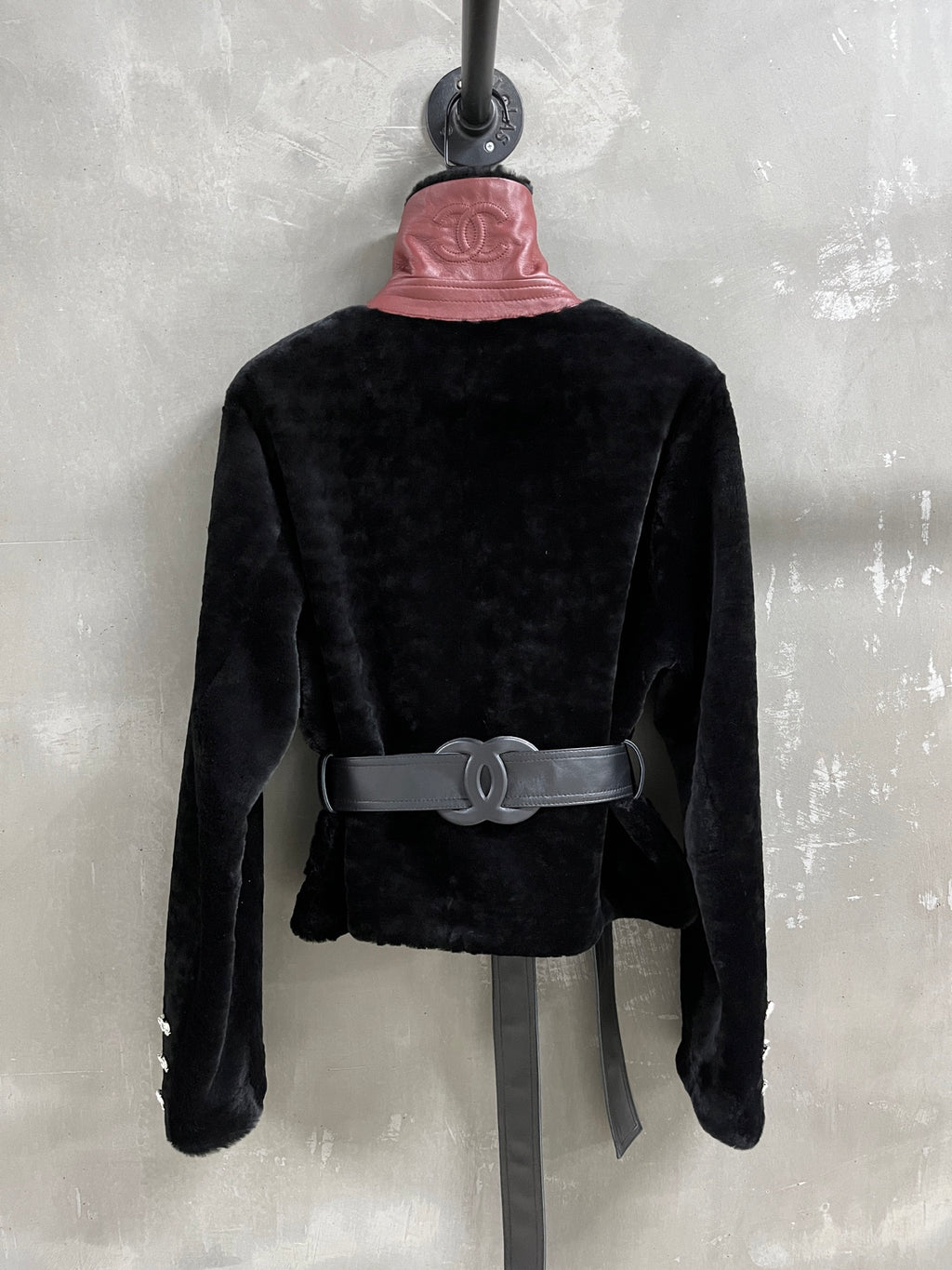 Chanel Black Shearling Jacket with Burgundy Leather High Collar &amp; Belt