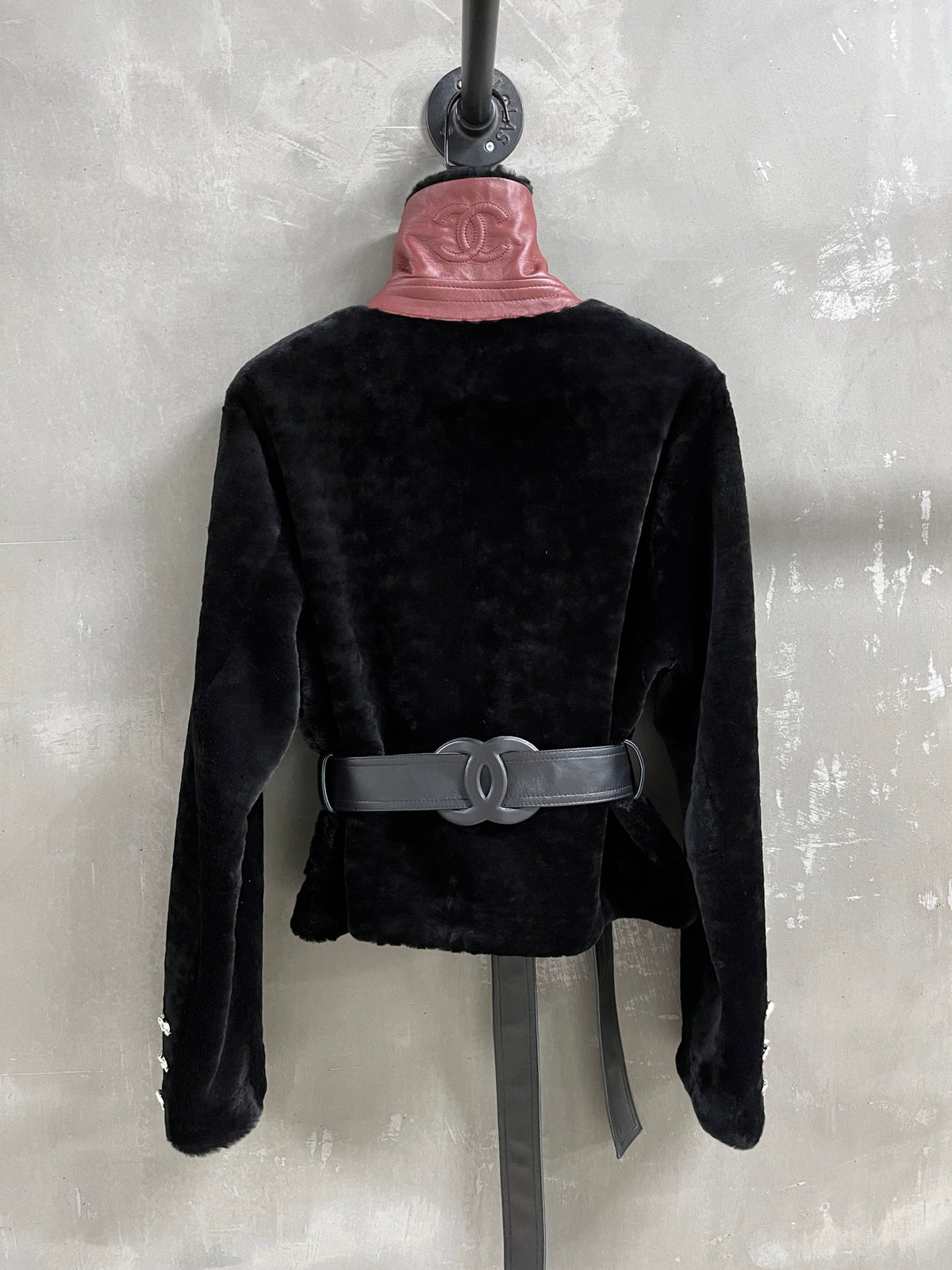 Chanel Black Shearling Jacket with Burgundy Leather High Collar &amp; Belt