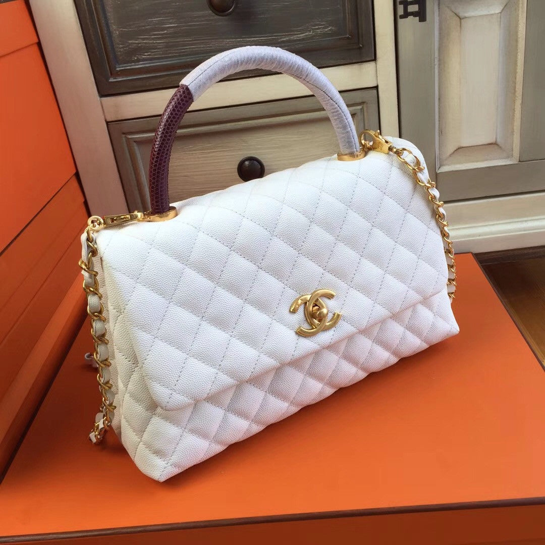 Chanel White Calfskin/Lizard Coco Handle Bag