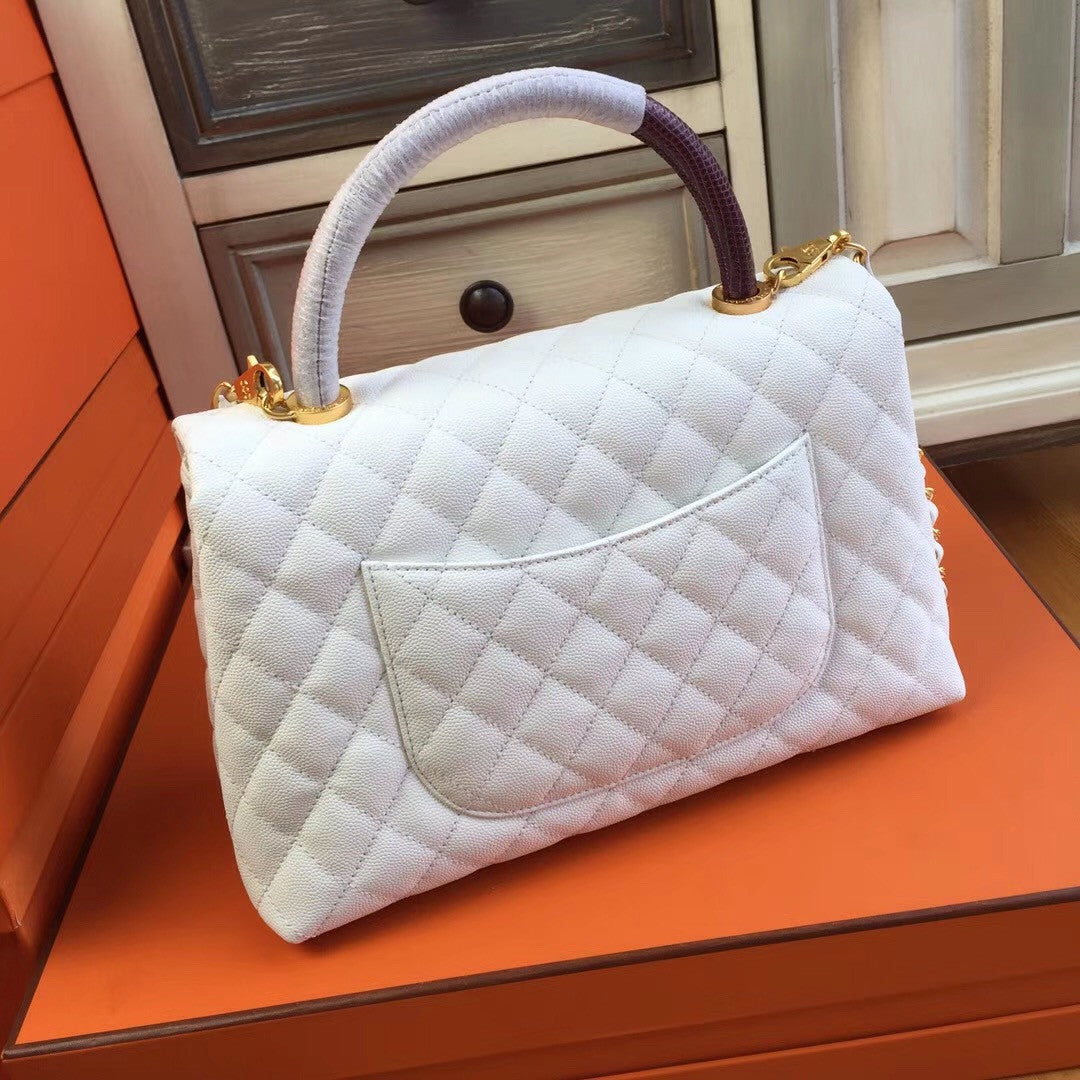 Chanel White Calfskin/Lizard Coco Handle Bag