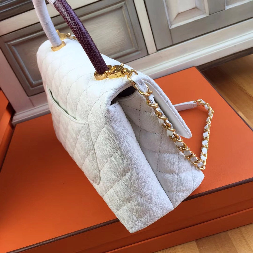 Chanel White Calfskin/Lizard Coco Handle Bag