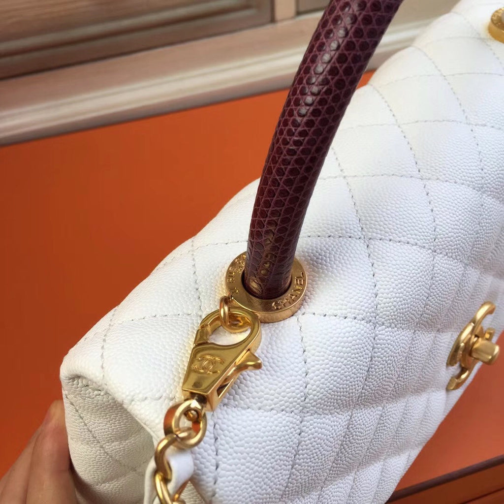 Chanel White Calfskin/Lizard Coco Handle Bag