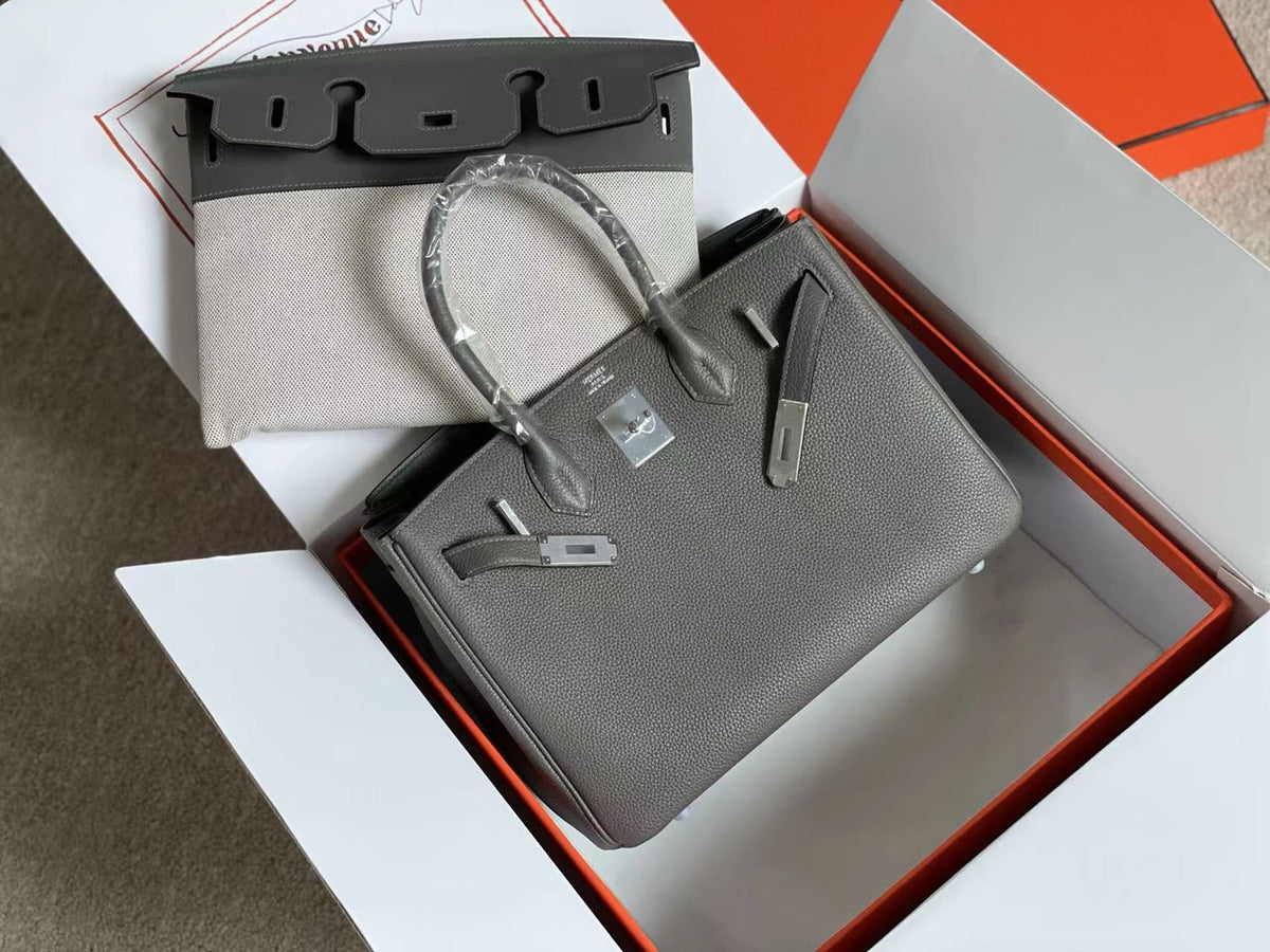 Hermès 3 En 1 Birkin 30 Etoupe Barenia Faubourg and Toile with Palladium Hardware