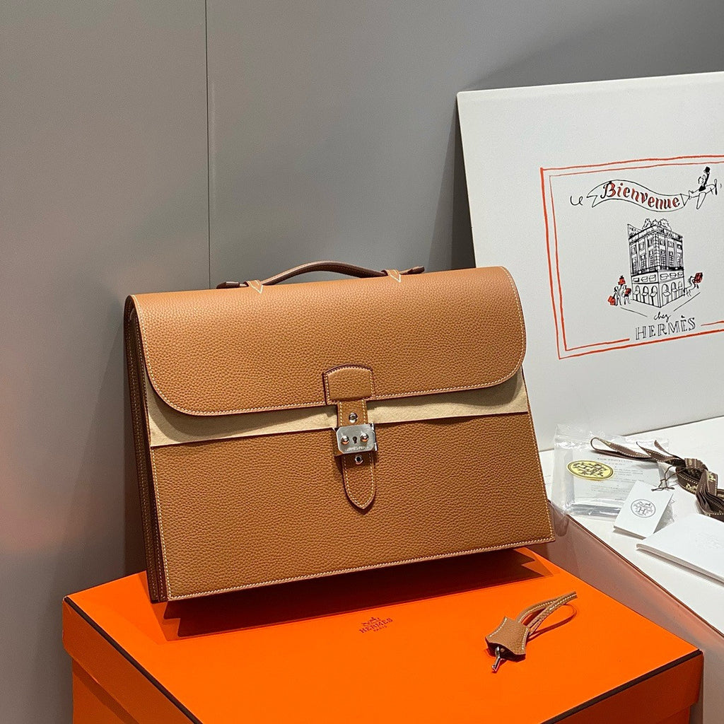 HERMES 38cm Gold Togo Leather Palladium Plated Sac A Depeches Briefcase Bag