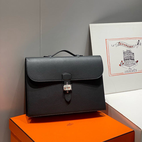 HERMES 38cm Black Togo Leather Palladium Plated Sac A Depeches Briefcase Bag