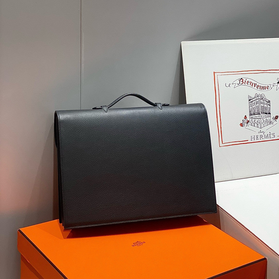 HERMES 38cm Black Togo Leather Palladium Plated Sac A Depeches Briefcase Bag