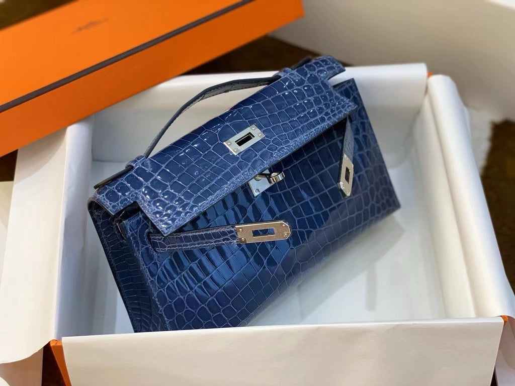 Hermès Shiny Blue Alligator Kelly Pochette Palladium Hardware Hermes