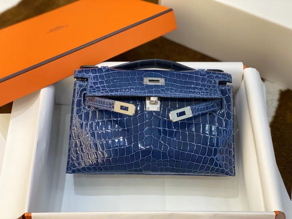 Hermès Shiny Blue Alligator Kelly Pochette Palladium Hardware Hermes