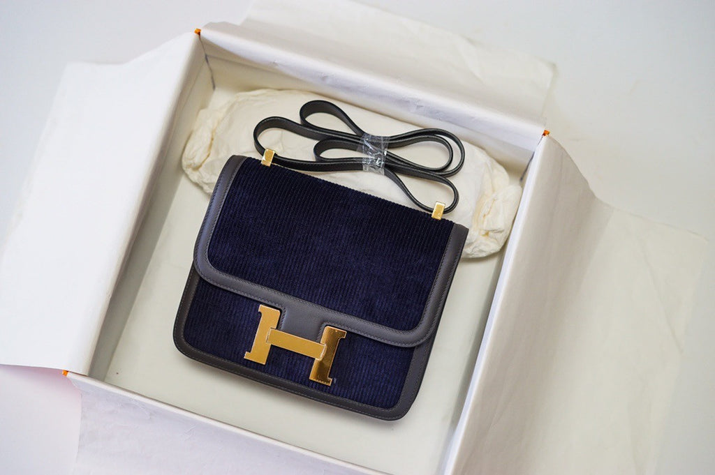 Hermès Blue Corduroy Constance 23cm  Gold GHW