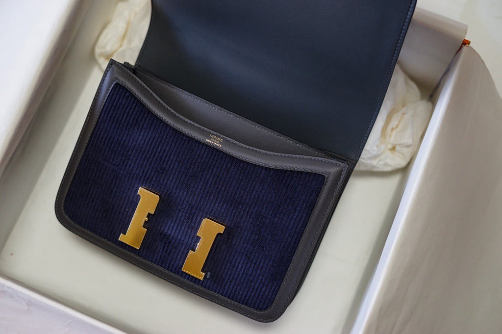 Hermès Blue Corduroy Constance 23cm  Gold GHW
