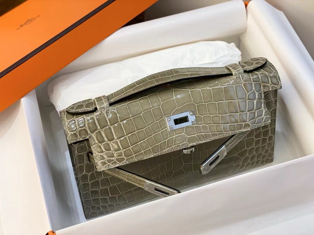 Hermès Shiny Gris Tourterelle Alligator Kelly Pochette Palladium Hardware