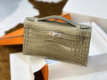 Hermès Shiny Gris Tourterelle Alligator Kelly Pochette Palladium Hardware