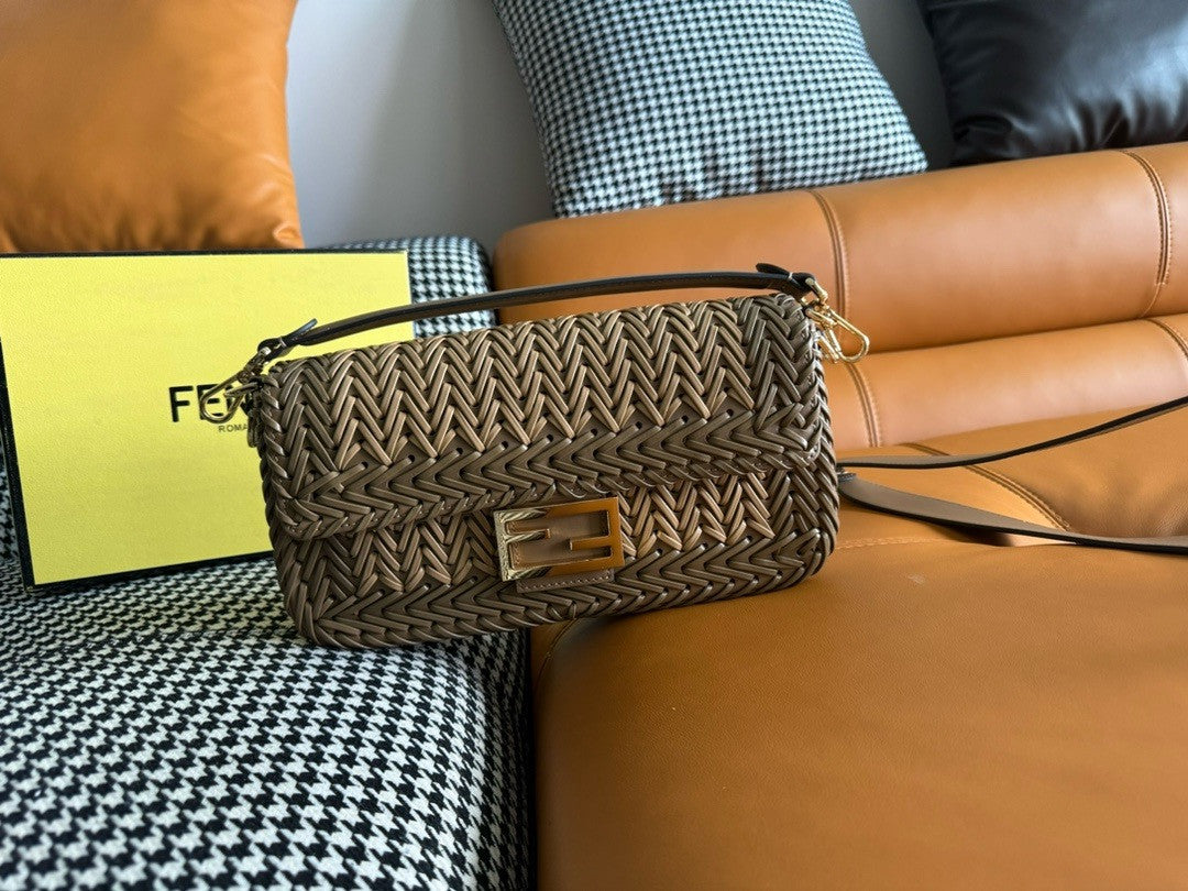 FENDI Interlaced Leather Baguette Bag Brown