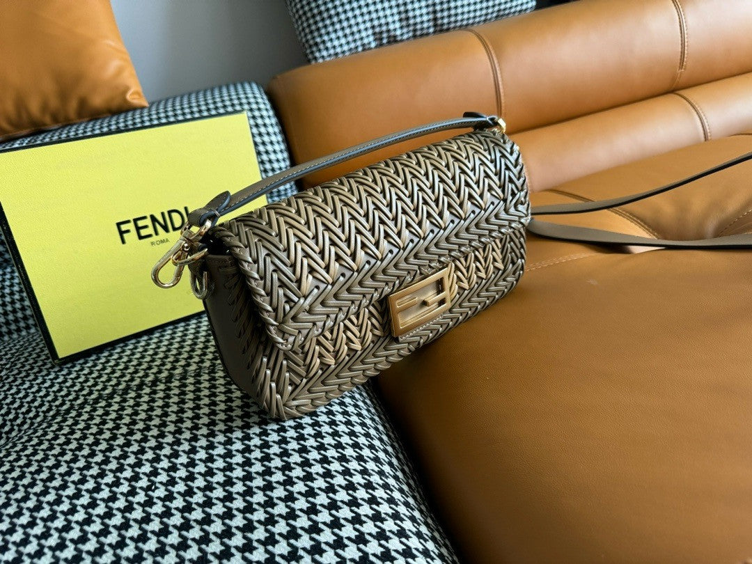 FENDI Interlaced Leather Baguette Bag Brown