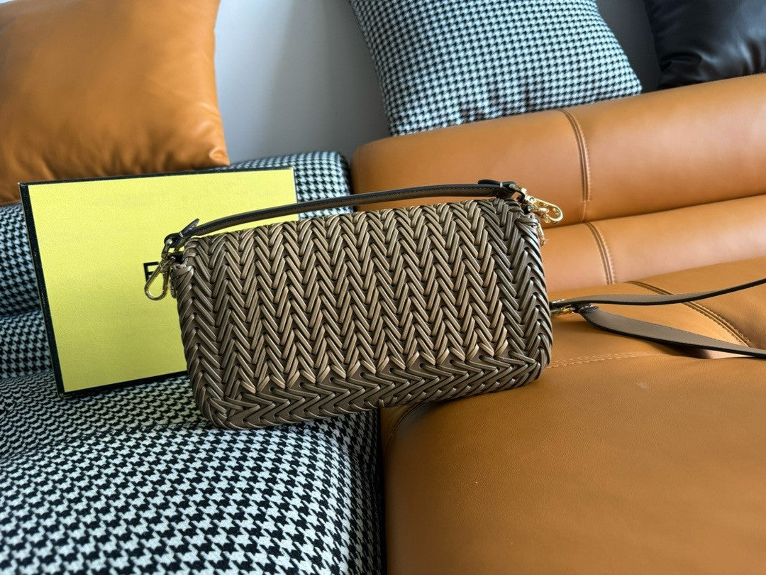 FENDI Interlaced Leather Baguette Bag Brown