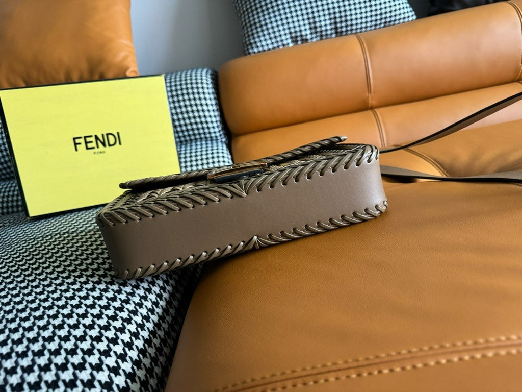 FENDI Interlaced Leather Baguette Bag Brown