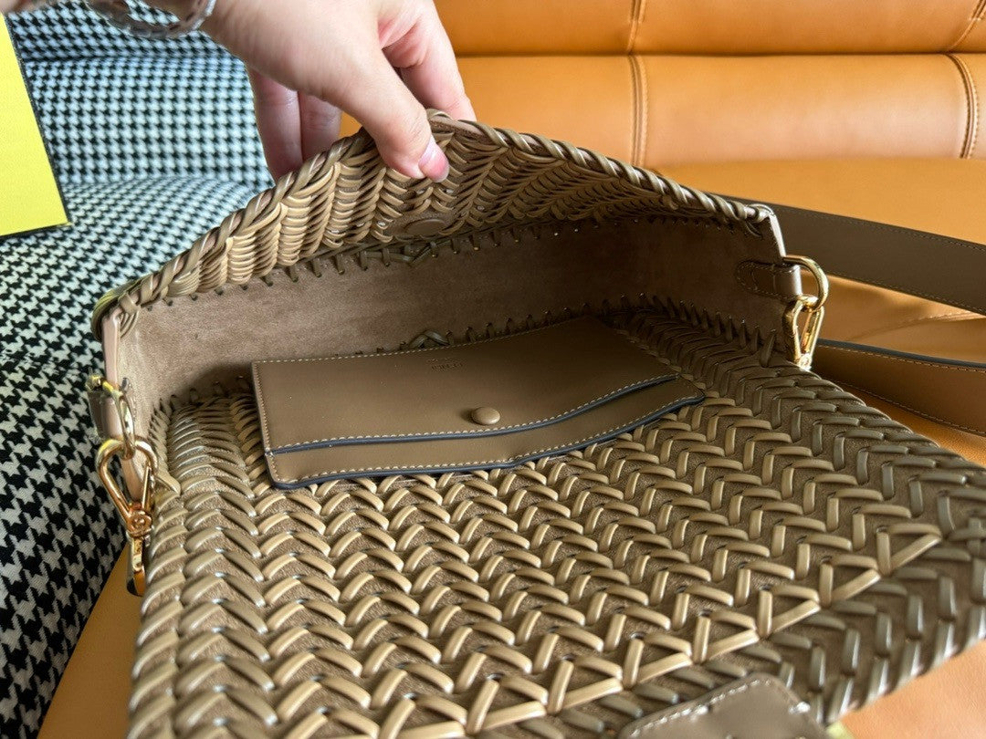 FENDI Interlaced Leather Baguette Bag Brown