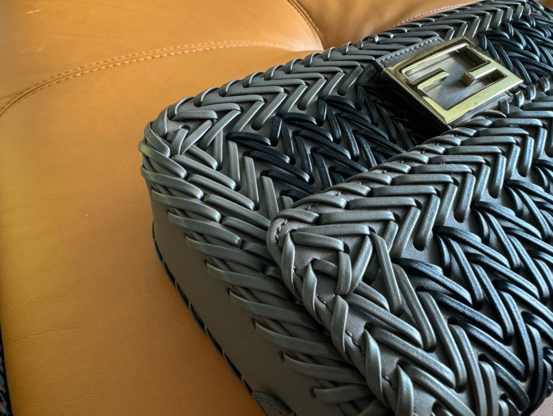 FENDI Interlaced Leather Baguette Bag Black