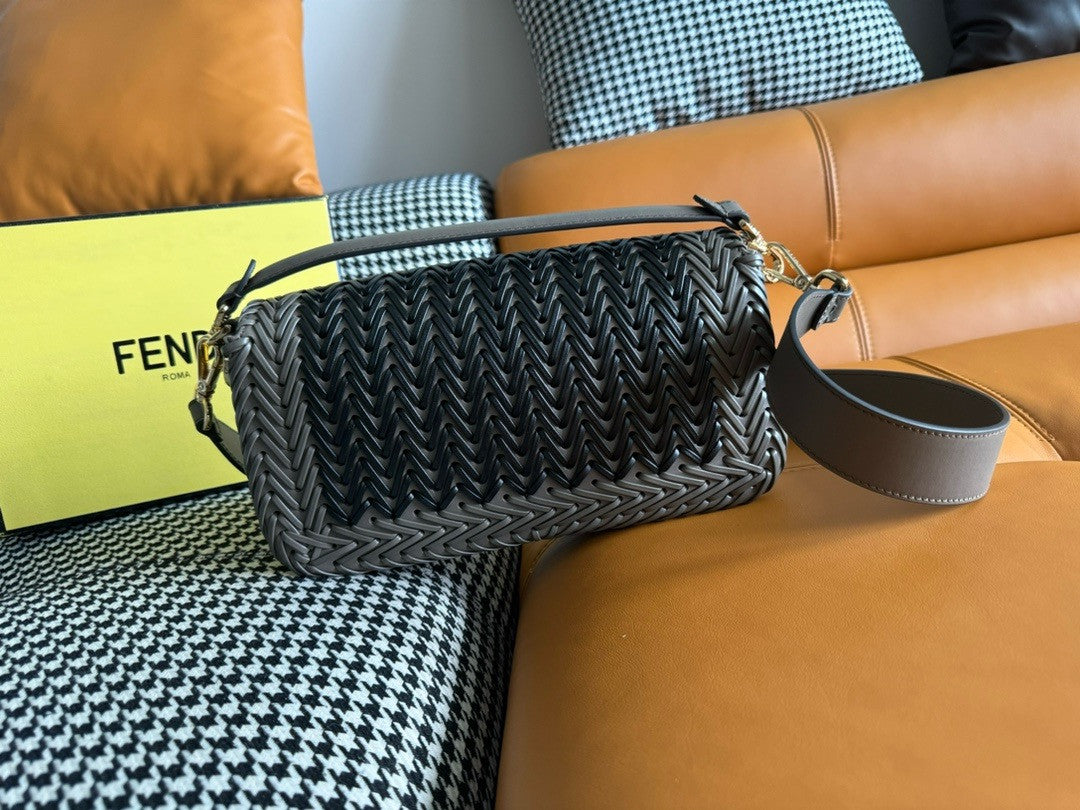 FENDI Interlaced Leather Baguette Bag Black