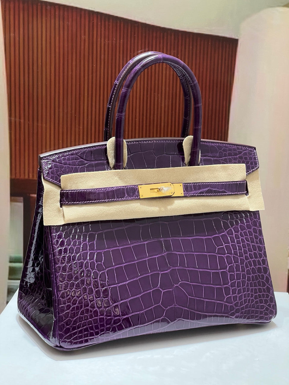 HERMES BIRKIN 30 BAG PURPLE ALLIGATOR GOLD HARDWARE