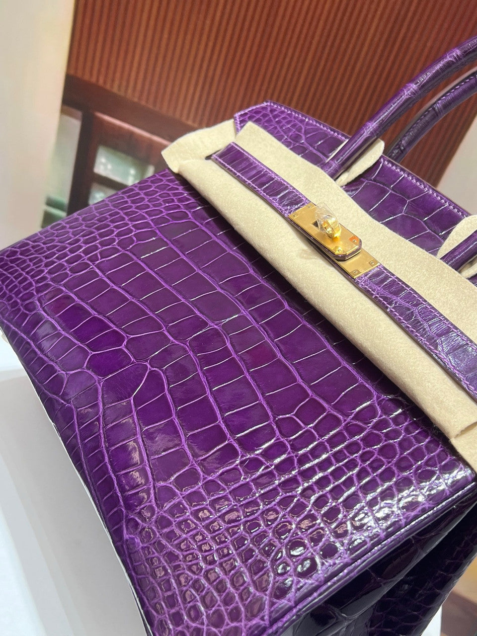 HERMES BIRKIN 30 BAG PURPLE ALLIGATOR GOLD HARDWARE