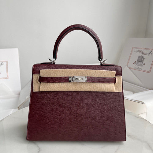 HERMÈS KELLY 25CM ROUGH SELLIER CHEVRE GOATSKIN PALLADIUM HARDWARE