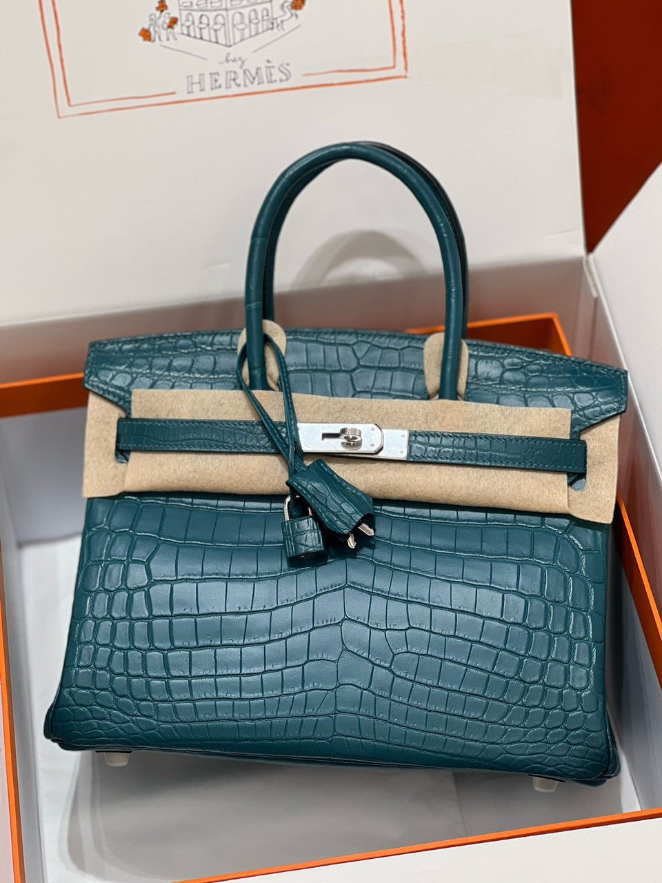 Hermes Birkin Bag 30 In Vert Bosphore Niloticus Crocodile with Palladium hardware