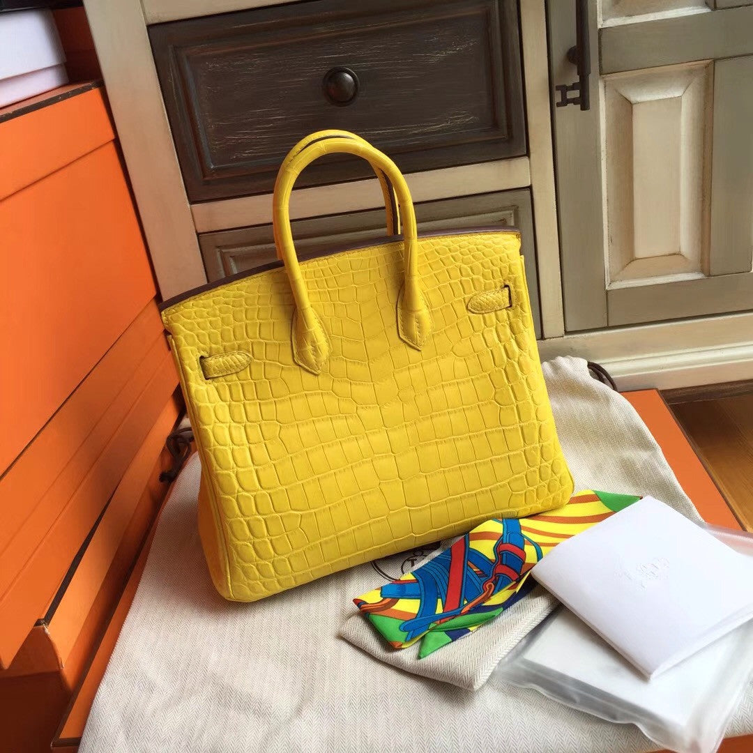 Hermes Soleil Yellow Birkin Bag 25cm KK Niloticus Crocodile Leather Palladium Hardware