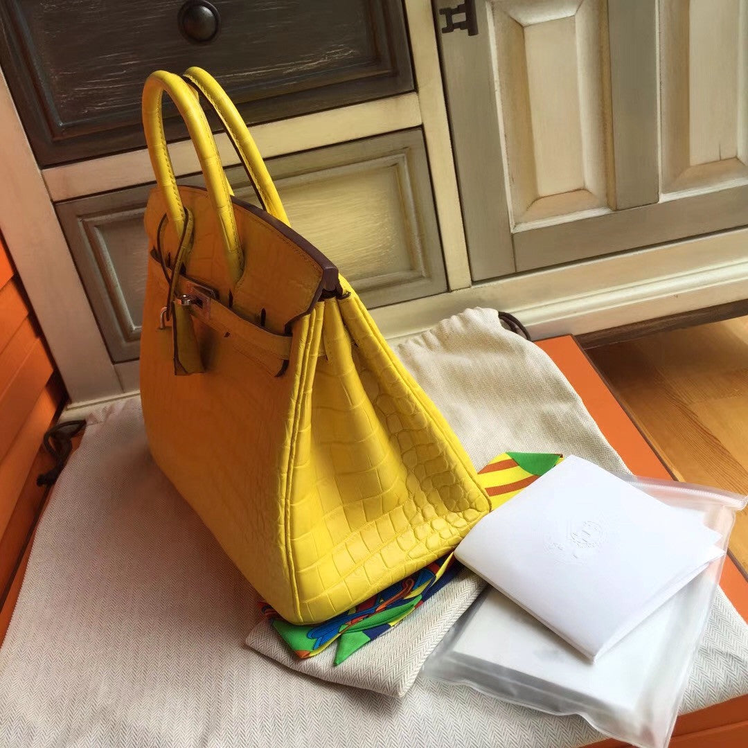 Hermes Soleil Yellow Birkin Bag 25cm KK Niloticus Crocodile Leather Palladium Hardware