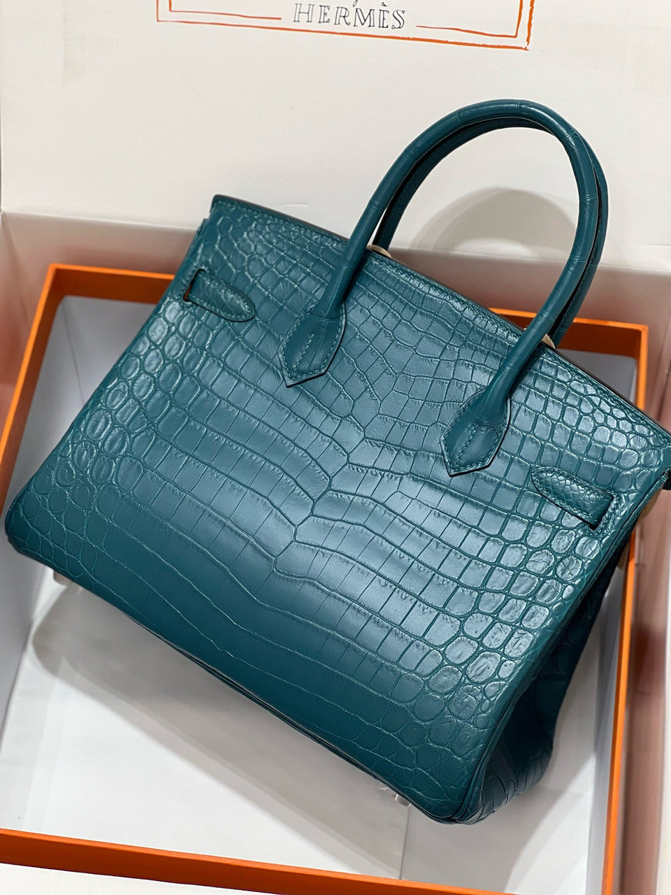 Hermes Birkin Bag 30 In Vert Bosphore Niloticus Crocodile with Palladium hardware