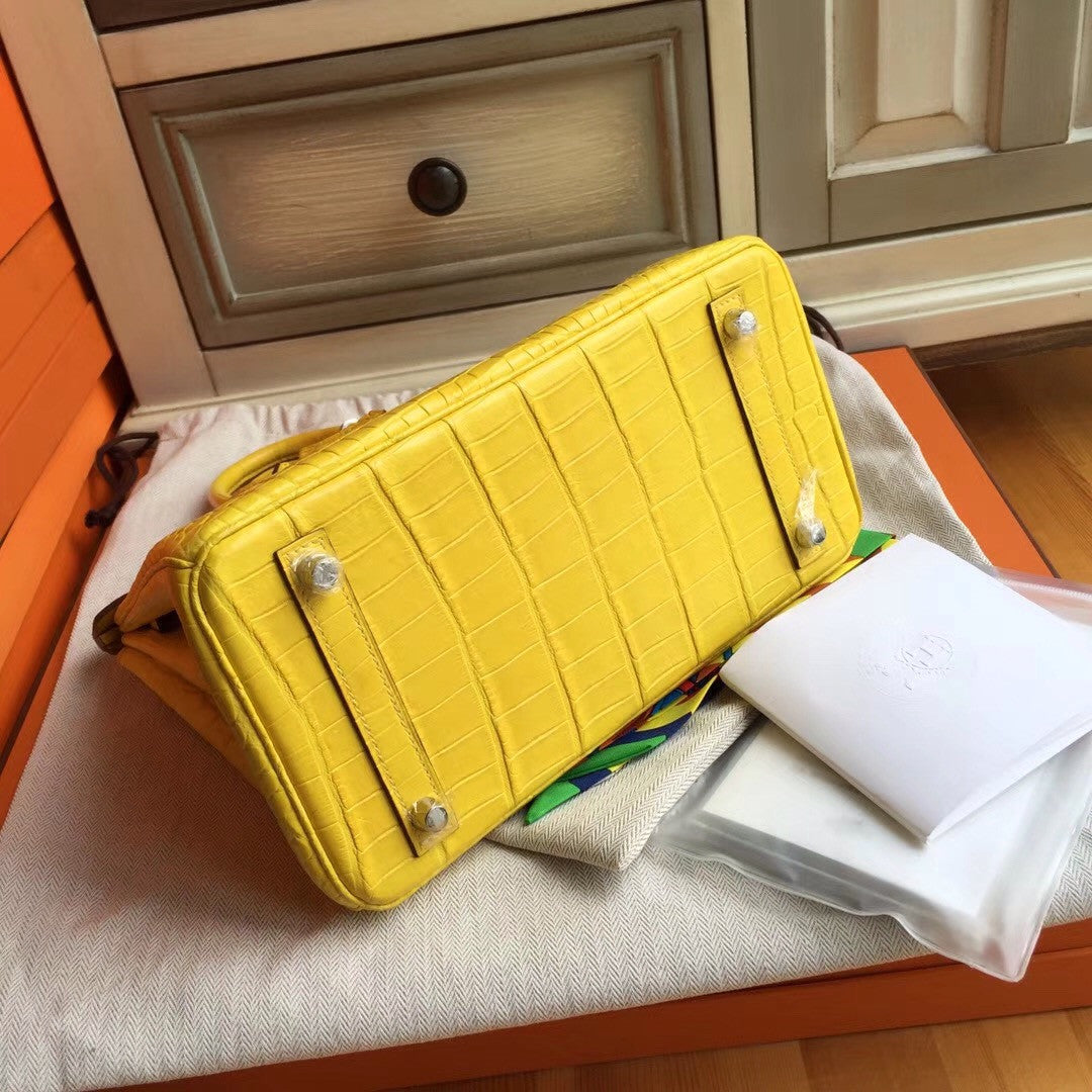 Hermes Soleil Yellow Birkin Bag 25cm KK Niloticus Crocodile Leather Palladium Hardware