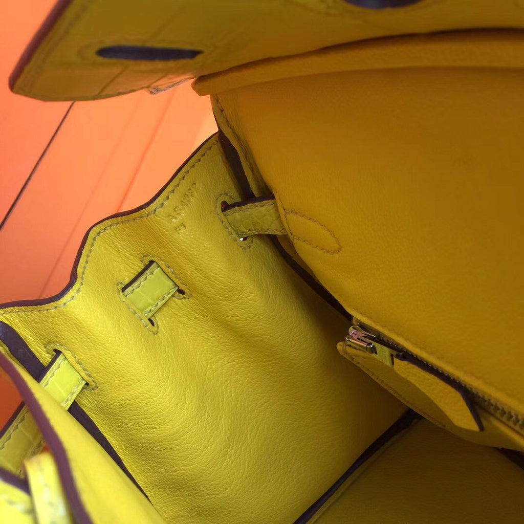 Hermes Soleil Yellow Birkin Bag 25cm KK Niloticus Crocodile Leather Palladium Hardware