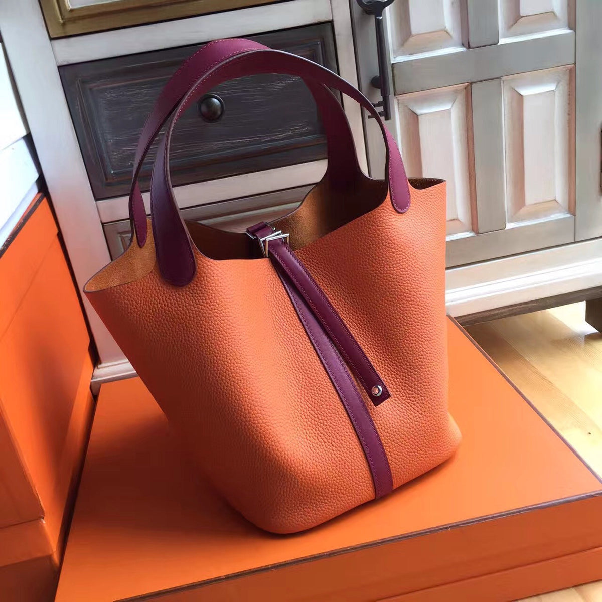 Hermes Orange/Red Picotin Lock MM Togo Leather Bag