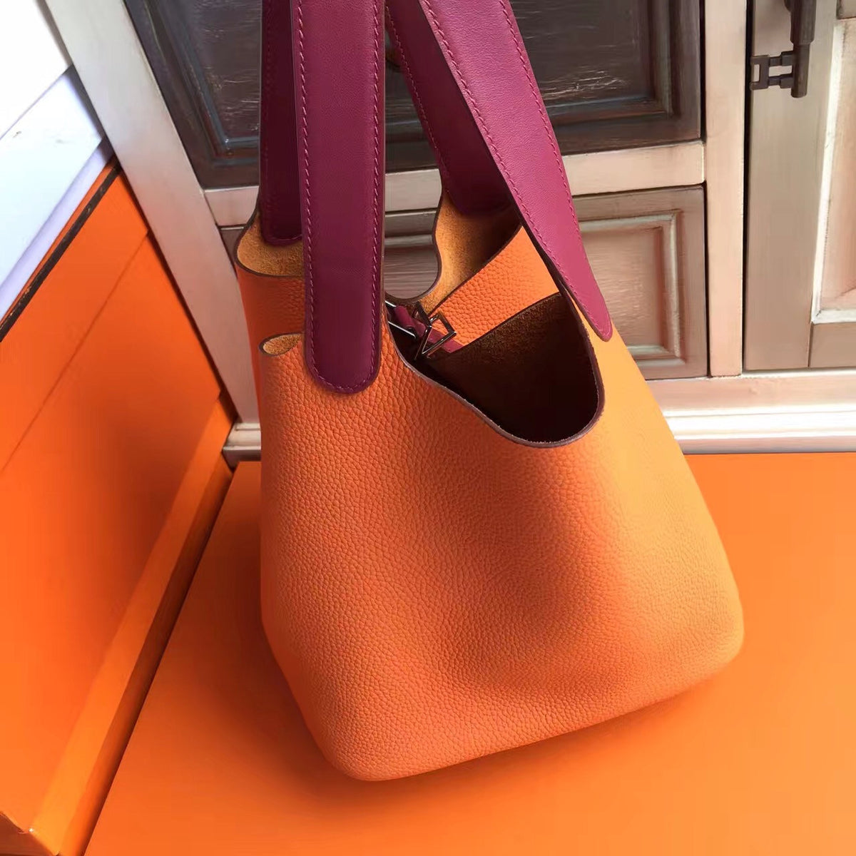 Hermes Orange/Red Picotin Lock MM Togo Leather Bag