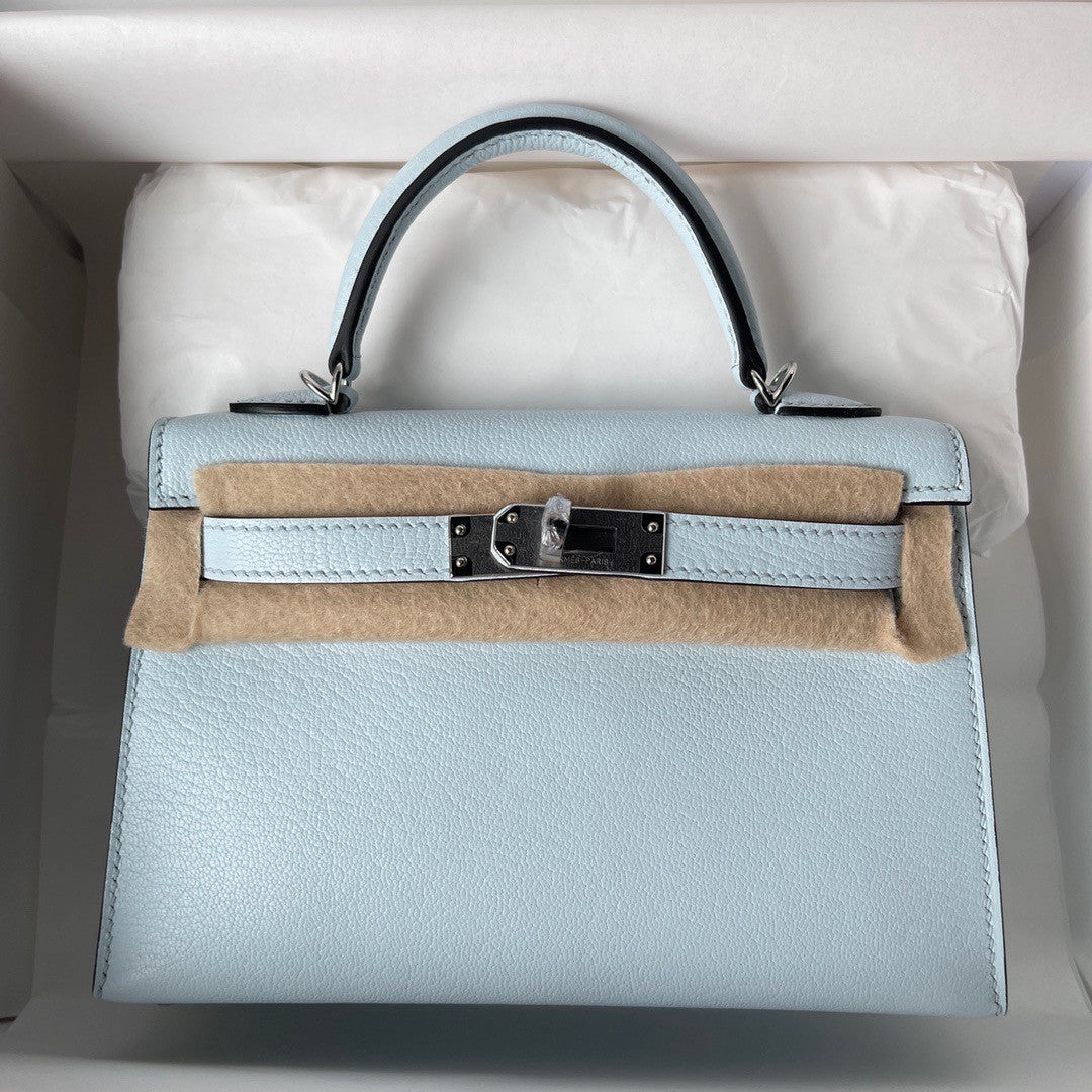 Hermès Bleu Pale  Mini Kelly II Chevre  Mysore Leather Palladium hardware
