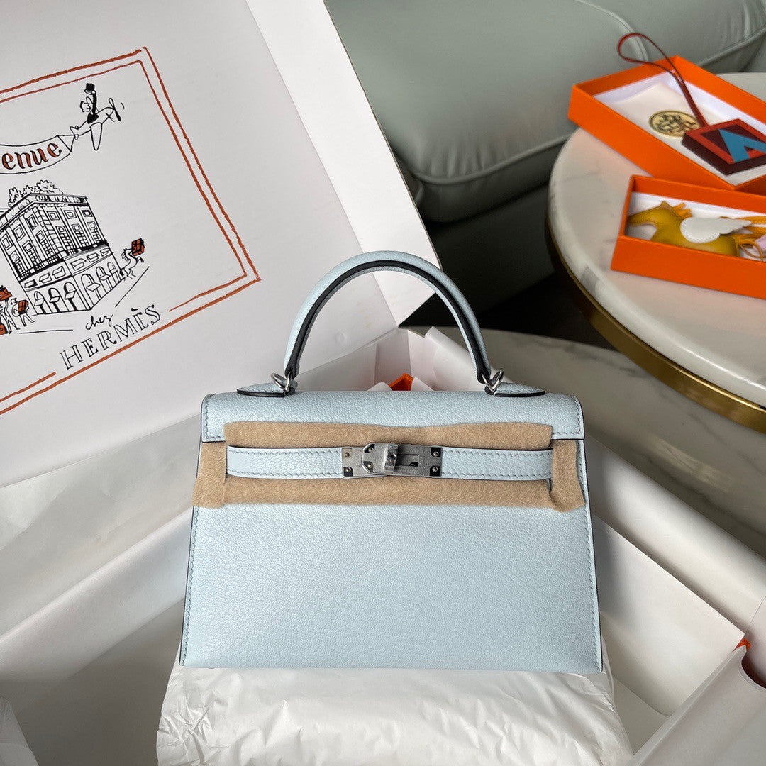 Hermès Bleu Pale  Mini Kelly II Chevre  Mysore Leather Palladium hardware