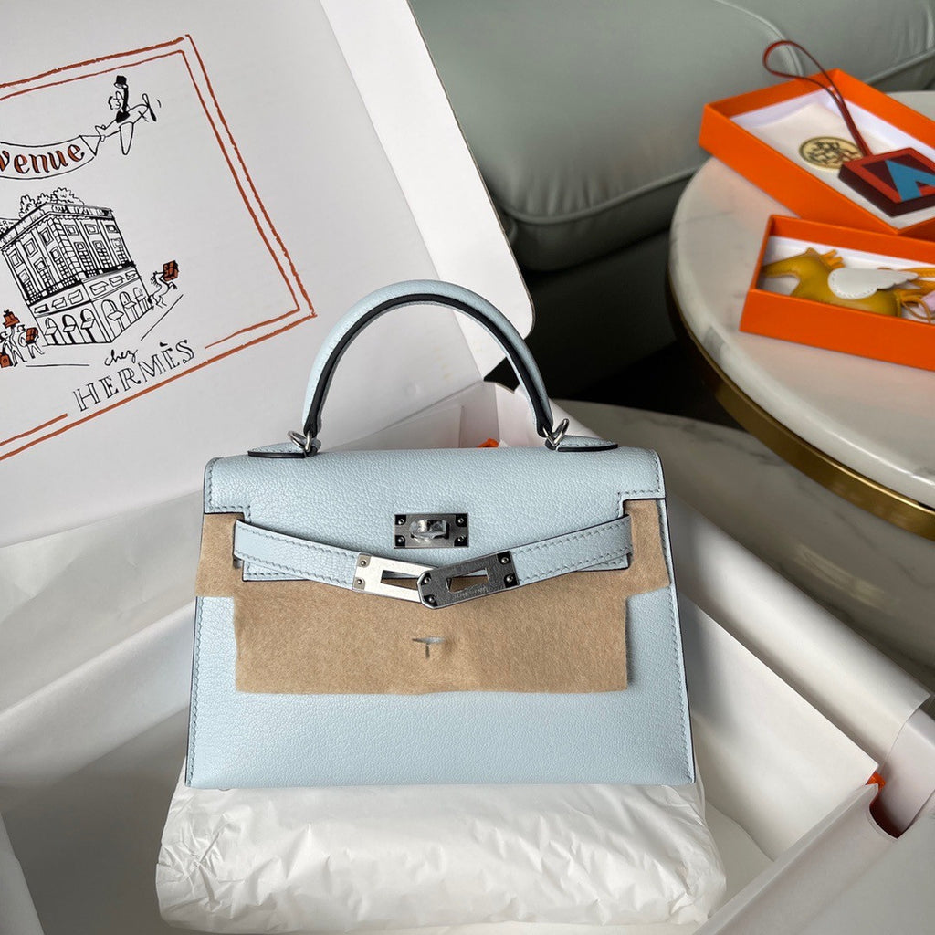 Hermès Bleu Pale  Mini Kelly II Chevre  Mysore Leather Palladium hardware
