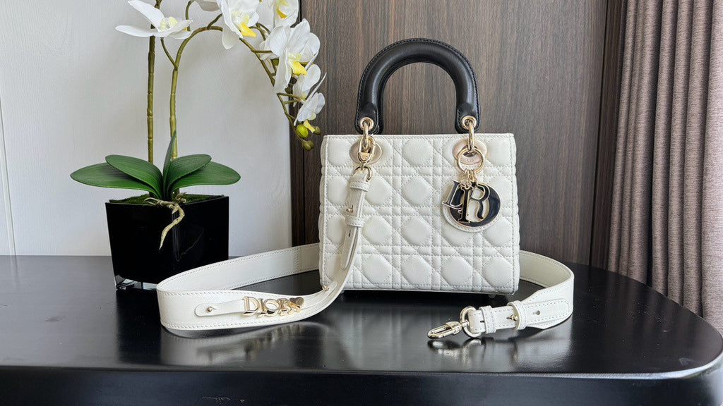 Christian Dior Medium Lady Dior Bag  Two-Tone Black and White Cannage Lambskin